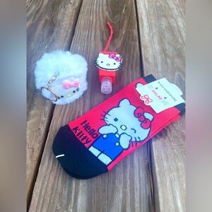 Hello Kitty Bundle: Hand Sanitizer & Pair of Socks & Bag Charm or Keychain. NWOB